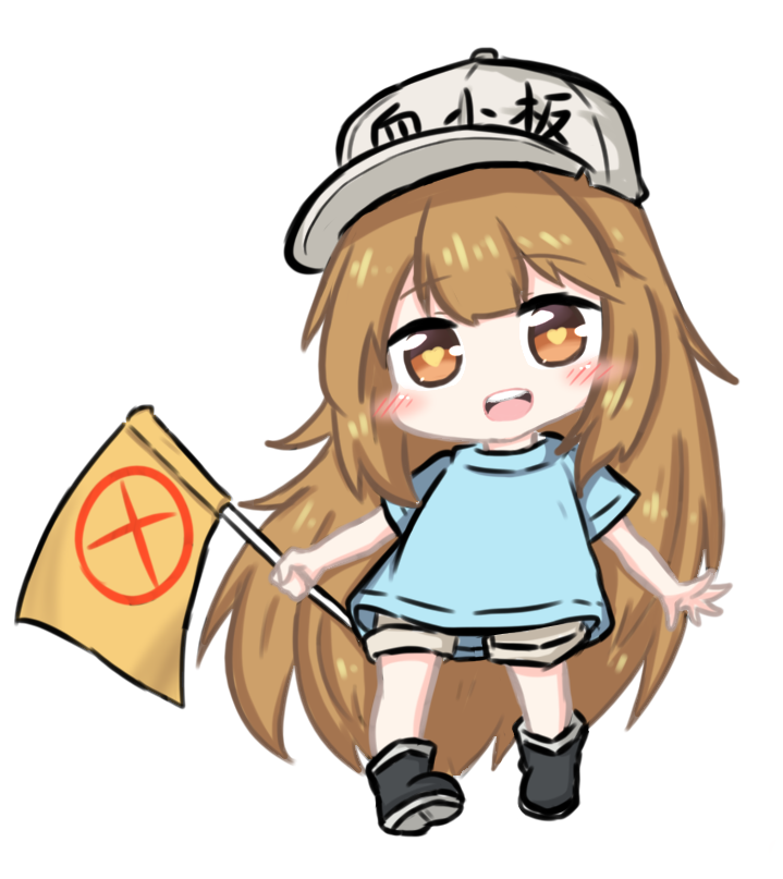 1girl :d bailingxiao_jiu bangs black_footwear blue_shirt blush boots brown_eyes brown_hair brown_shorts character_name chibi clothes_writing commentary_request eyebrows_visible_through_hair flag flat_cap full_body grey_hat hat hataraku_saibou heart heart-shaped_pupils holding holding_flag long_hair open_mouth platelet_(hataraku_saibou) round_teeth shirt short_shorts short_sleeves shorts simple_background smile solo standing symbol-shaped_pupils teeth upper_teeth very_long_hair white_background