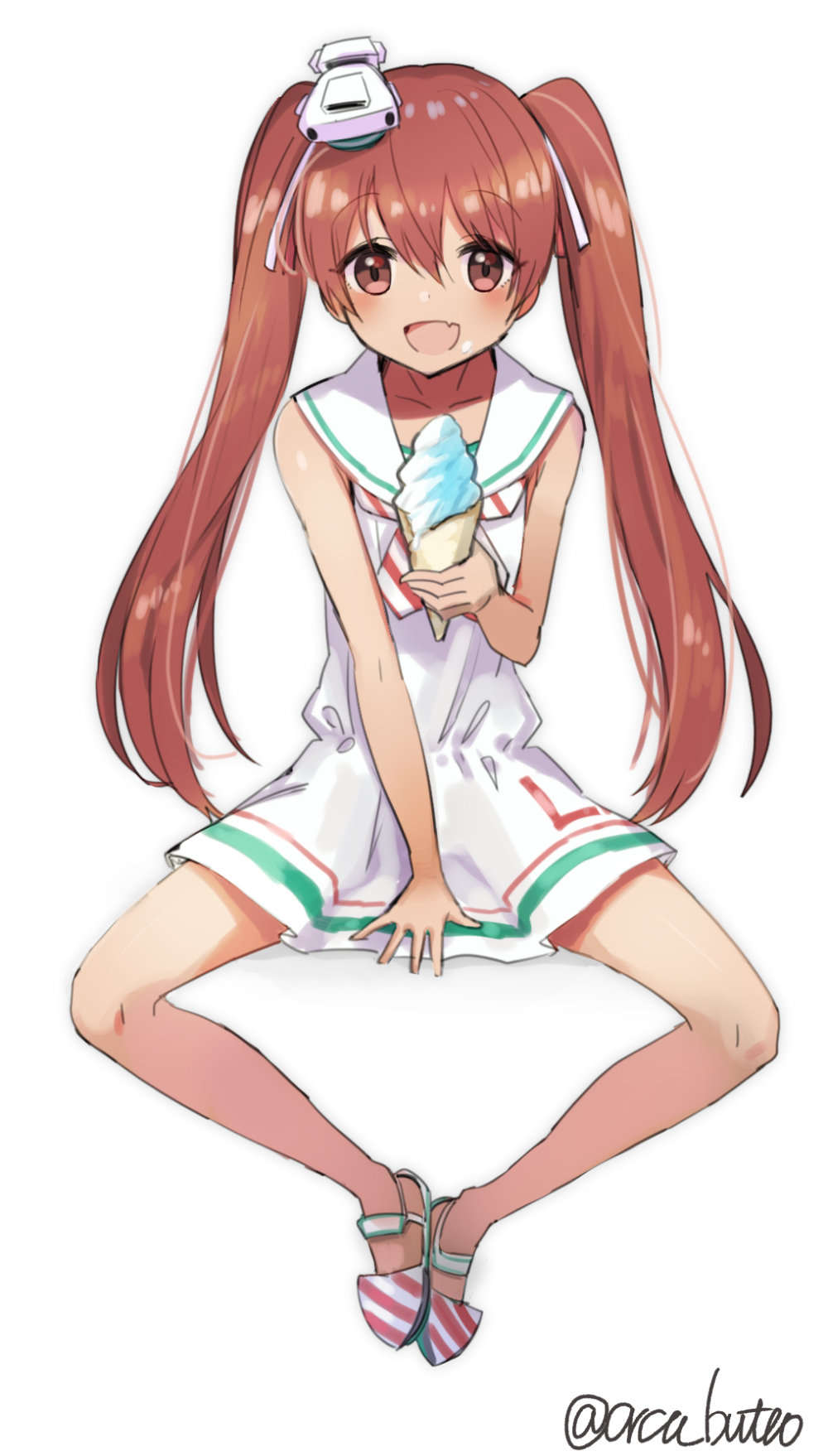 1girl :d bare_arms brown_eyes brown_hair diagonal_stripes dress eyebrows_visible_through_hair fang feet_together food hair_between_eyes hair_ribbon headgear highres holding ice_cream ice_cream_cone invisible_chair kantai_collection libeccio_(kantai_collection) long_hair looking_at_viewer no_socks open_mouth revision ribbon sailor_dress simple_background sitting sleeveless sleeveless_dress smile solo spread_legs striped twintails twitter_username white_background white_ribbon yamashiki_(orca_buteo)
