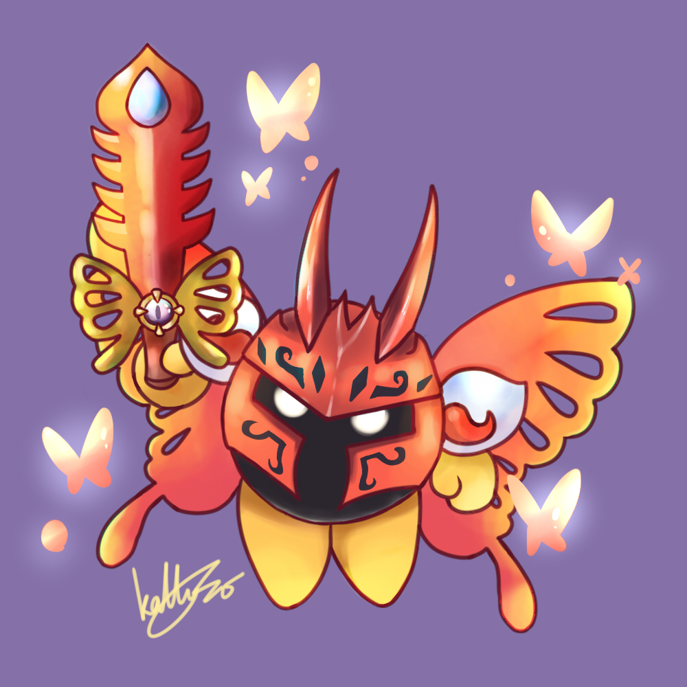 1boy bug butterfly butterfly_wings commentary_request holding holding_sword holding_weapon horns insect katty1996215 kirby:_star_allies kirby_(series) morpho_knight shoulder_pads signature simple_background solo spoilers sword weapon white_eyes wings