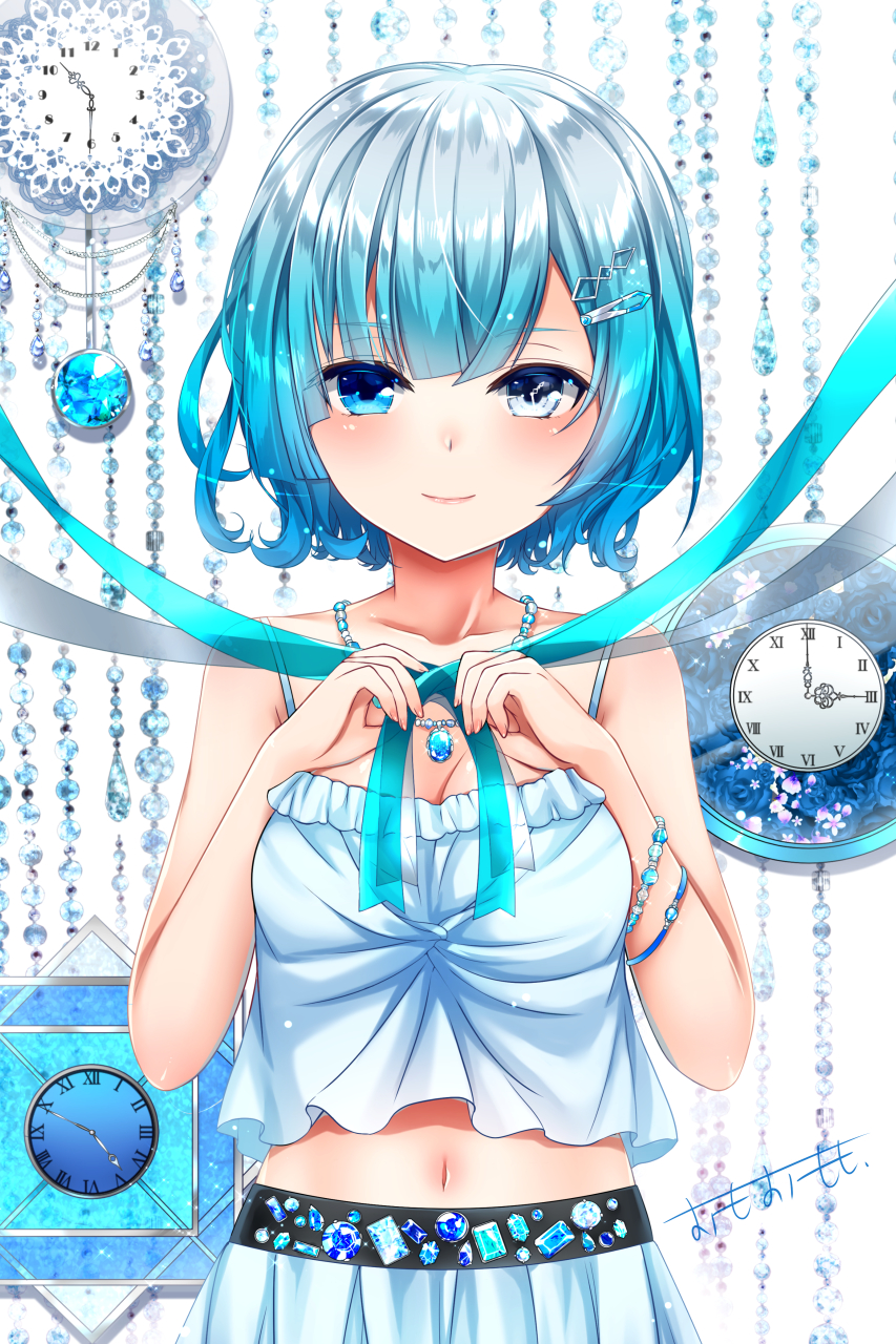 1girl bangs bare_arms bare_shoulders blue_camisole blue_eyes blue_hair blue_ribbon blue_skirt blush bracelet camisole clock closed_mouth commentary_request eyebrows_visible_through_hair fingernails gem hair_between_eyes hair_ornament hairclip highres jewelry omoomomo original pendant pleated_skirt ribbon roman_numerals signature skirt smile solo