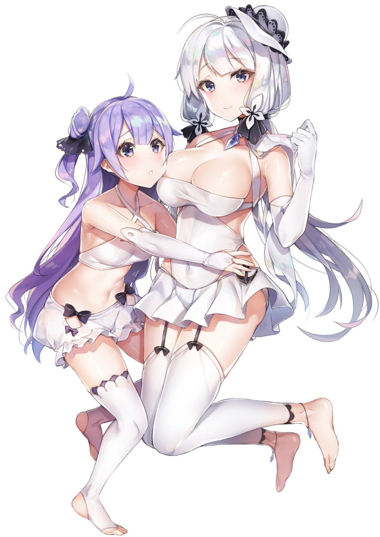 2girls ahoge alternate_costume anklet armlet ass azur_lane bangs bare_shoulders bikini bikini_shorts black_ribbon blue_eyes blush breasts bridal_gauntlets cleavage collarbone commentary_request covered_navel criss-cross_halter downscaled elbow_gloves eyebrows_visible_through_hair garter_straps gloves hair_bun hair_ornament hair_ribbon halterneck hand_up hat hug illustrious_(azur_lane) jewelry jumping large_breasts long_hair looking_at_another looking_at_viewer low_twintails mini_hat mole mole_under_eye multiple_girls no_shoes one-piece_swimsuit parted_lips purple_hair resized ribbon sapphire_(stone) shorts side_bun sidelocks skindentation smile sun_hat swimsuit thigh-highs thighs toeless_legwear twintails unicorn_(azur_lane) very_long_hair violet_eyes white_bikini white_gloves white_hair white_legwear white_swimsuit yayoichi_(yoruyoru108)