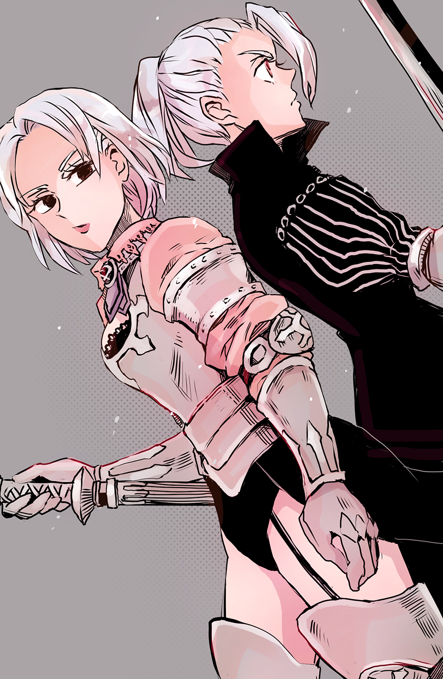 2girls armlet armor armored_boots ascot back-to-back black_jacket boots bra bracer breastplate breasts brooch dark_persona dual_persona dutch_angle empty_eyes eyelashes gauntlets grey_background hand_on_hilt high_collar high_ponytail highres holding holding_sword holding_weapon jacket jericho_(nanatsu_no_taizai) jewelry lace lace-trimmed_bra limited_palette lips looking_ahead looking_back multiple_girls nanatsu_no_taizai noshima parted_lips ponytail red_eyes ribbon_bangs short_hair sideboob silver_hair simple_background sword thighs underwear waist_cape weapon