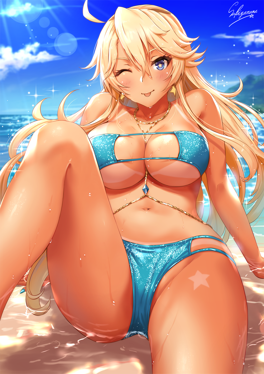 1girl ahoge aqua_bikini arm_support artist_name bangs beach between_breasts bikini blonde_hair blue_eyes blue_nails blue_sky blush breasts clouds collarbone commentary day earrings eyebrows_visible_through_hair flag_print groin hair_between_eyes highres iowa_(kantai_collection) jewelry kantai_collection knee_up large_breasts light_rays long_hair looking_at_viewer nail_polish navel ocean one_eye_closed open_mouth outdoors partially_submerged sakiyamama sand sapphire_(stone) side-tie_bikini sidelocks signature sitting sky smile solo sparkle sparkle_print star star-shaped_pupils star_earrings stomach sunlight swimsuit symbol-shaped_pupils tan tanline thighs tongue tongue_out very_long_hair wet