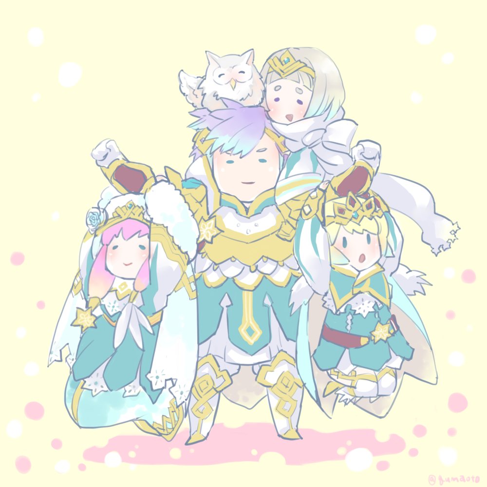 1boy 3girls armor belt blonde_hair blue_dress blue_hair brother_and_sister cape closed_mouth crown dress feh_(fire_emblem_heroes) fire_emblem fire_emblem_heroes fjorm_(fire_emblem_heroes) gloves gunnthra_(fire_emblem) hair_ornament hanging_on_arm hrid_(fire_emblem_heroes) long_dress long_hair long_sleeves multicolored_hair multiple_girls open_mouth pink_hair qumaoto short_hair siblings simple_background sisters smile standing twitter_username veil white_gloves white_hair yellow_background ylgr_(fire_emblem_heroes)