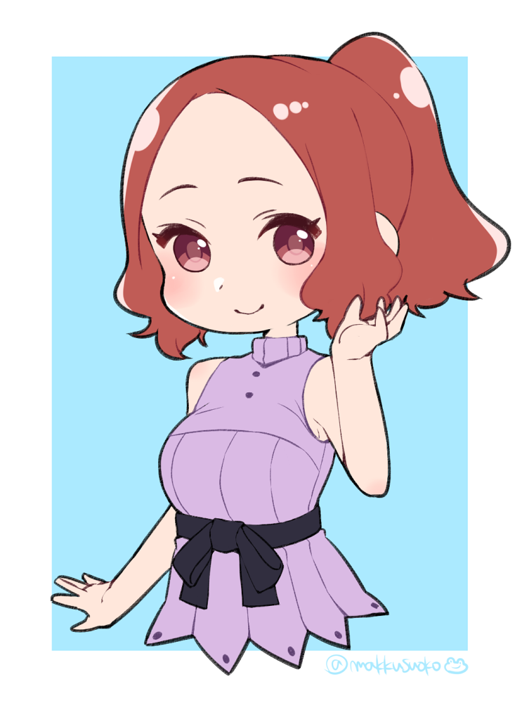 1girl alternate_hairstyle blush brown_eyes brown_hair commentary do_m_kaeru hand_up okumura_haru persona persona_5 ponytail short_hair sleeveless sleeveless_turtleneck smile solo turtleneck twitter_username upper_body