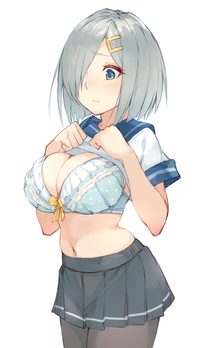 1girl blue_bra blue_eyes blush bra breasts cleavage commentary_request cowboy_shot fumikiri gloves grey_skirt hair_ornament hair_over_one_eye hairclip hamakaze_(kantai_collection) highres hips kantai_collection large_breasts looking_at_viewer navel pantyhose pleated_skirt school_uniform serafuku shirt_lift short_hair short_sleeves silver_hair simple_background skirt solo standing thighs underwear waist white_background white_gloves