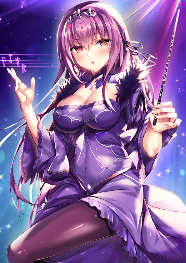 1girl :o bangs breasts cleavage covered_navel dark_background dress eyebrows_visible_through_hair fate/grand_order fate_(series) fukase_ayaka fur_trim headpiece jewelry long_hair looking_at_viewer pantyhose purple_dress purple_hair red_eyes runes scathach_skadi_(fate/grand_order) solo star tiara wand