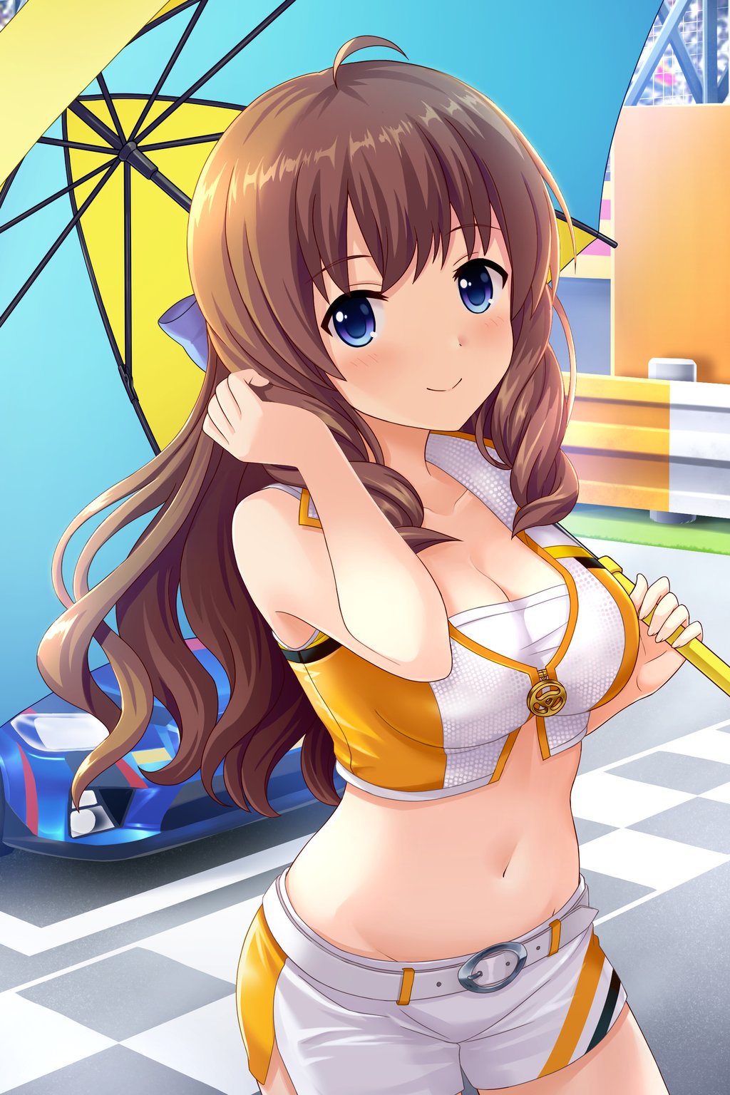 1girl adjusting_hair ahoge alternative_girls arimura_shion bangs belt blue_bow blue_eyes blush bow breasts car cleavage cowboy_shot cropped_jacket day drill_hair ground_vehicle hair_bow highres holding holding_umbrella large_breasts light_brown_hair long_hair looking_at_viewer motor_vehicle navel official_art outdoors racequeen shorts smile standing umbrella wavy_hair white_shorts