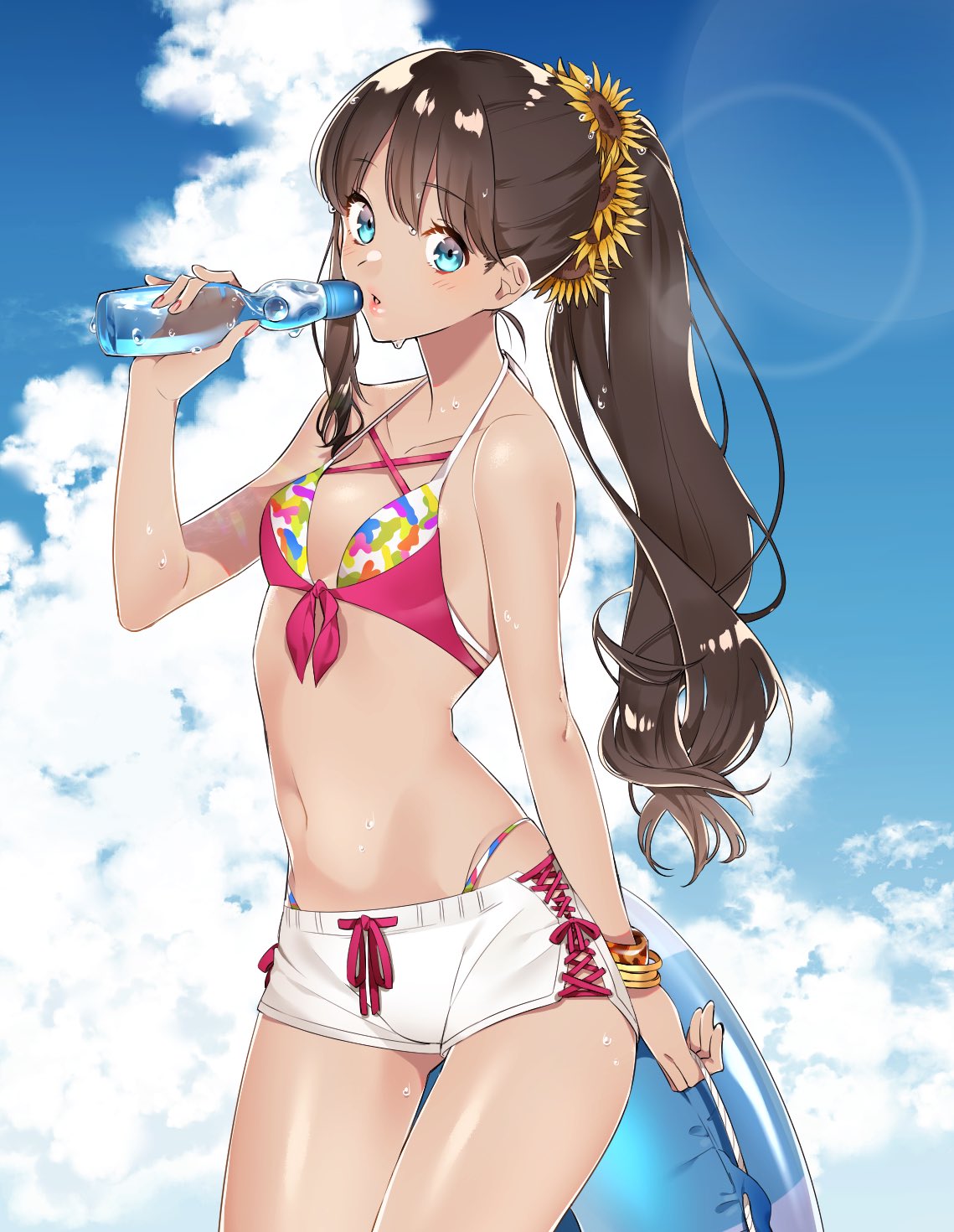 1girl blush brown_hair collarbone day eyebrows_visible_through_hair highres innertube long_hair looking_at_viewer navel open_mouth original outdoors ponytail ramune short_shorts shorts solo standing swimsuit