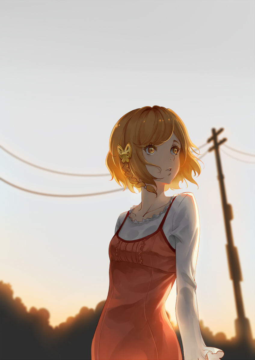 1girl akagi_mako arms_at_sides ballroom_e_youkoso braid brown_eyes brown_hair butterfly_hair_ornament dress grey_sky hair_ornament handesu highres looking_to_the_side outdoors power_lines red_dress short_hair solo standing twilight