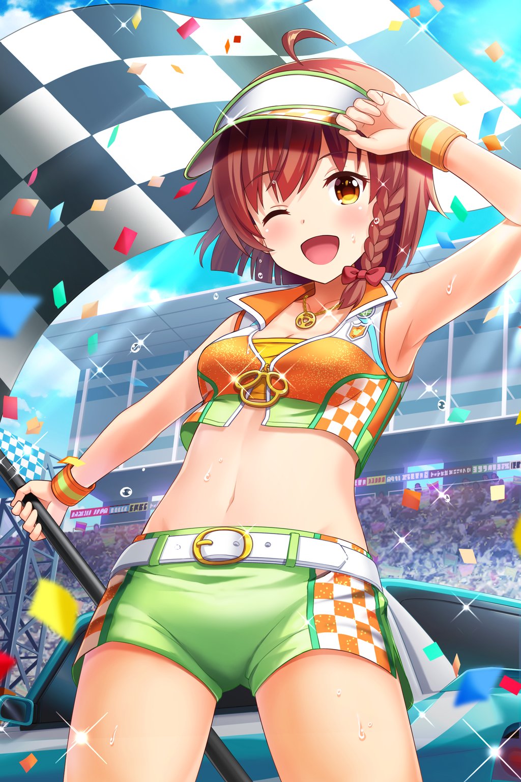 ahoge alternative_girls armpits bangs belt bow bracelet braid breasts brown_hair car cleavage clouds cloudy_sky collarbone confetti cowboy_shot cropped_jacket day flag green_shorts ground_vehicle hair_bow highres holding holding_flag jewelry looking_at_viewer motor_vehicle navel necklace official_art one_eye_closed open_mouth outdoors racequeen red_bow short_hair shorts single_braid sky small_breasts smile standing sweatdrop yellow_eyes yuuki_miyaka