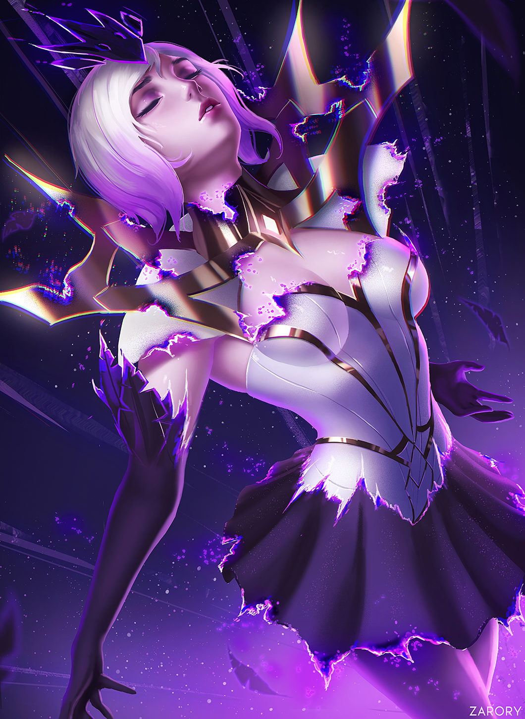 1girl breasts capelet cleavage closed_eyes dark dark_elementalist_lux dissolving_clothes elbow_gloves elementalist_lux gloves highres league_of_legends light light_elementalist_lux luxanna_crownguard magic medium_breasts skirt tagme transformation white_hair zarory