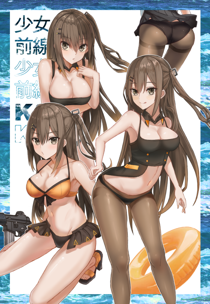 1girl :q ass assault_rifle bangs bare_shoulders bikini bikini_skirt black_legwear black_panties blush breasts brown_eyes brown_hair character_name cleavage contrapposto copyright_name crop_top detached_collar eyebrows_visible_through_hair girls_frontline groin gun hair_between_eyes hair_ornament hairclip heifetz innertube k-2_(girls_frontline) long_hair looking_at_viewer medium_breasts multiple_views navel o3o ocean one_side_up panties panties_under_pantyhose pantyhose rifle sandals skirt smile standing swimsuit thighband_pantyhose tongue tongue_out underwear very_long_hair weapon wing_collar