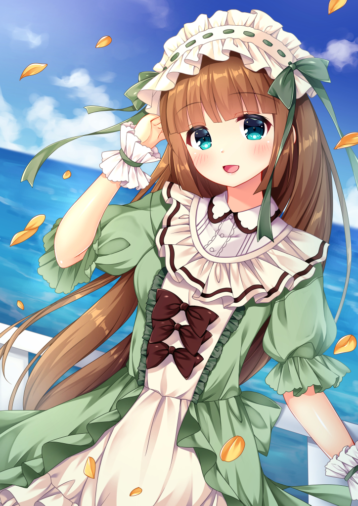 1girl :d bangs black_bow blue_eyes blue_sky blunt_bangs blush bow brown_hair clouds commentary_request day dress eyebrows_visible_through_hair frilled_hairband frills fujikura_ryuune green_bow green_dress hairband head_tilt horizon lolita_fashion long_hair looking_at_viewer ocean open_mouth original outdoors petals puffy_short_sleeves puffy_sleeves railing ribbon-trimmed_hairband ribbon_trim short_sleeves sky smile solo very_long_hair water white_hairband wrist_cuffs