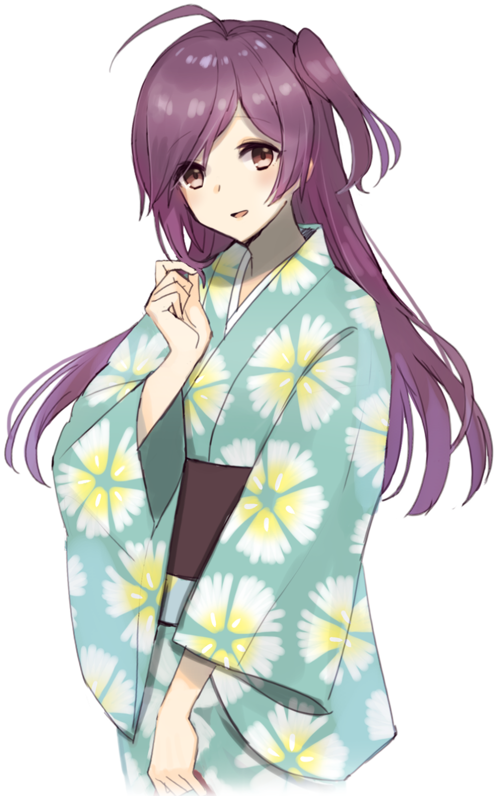 1girl ahoge aqua_kimono eyebrows_visible_through_hair floral_print hagikaze_(kantai_collection) highres japanese_clothes kantai_collection kimono long_hair looking_at_viewer obi one_side_up open_mouth print_kimono purple_hair sash simple_background smile solo white_background wide_sleeves yamashiki_(orca_buteo) yellow_eyes yukata