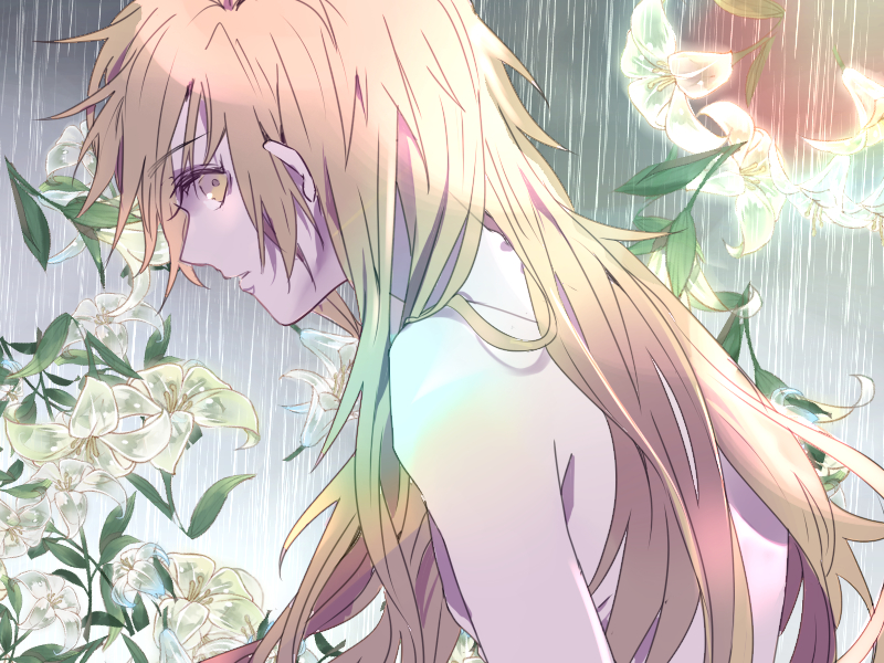 1boy alphonse_elric androgynous av_(abusive) bare_shoulders blonde_hair covering expressionless eyebrows_visible_through_hair eyelashes facing_away flower flower_request fullmetal_alchemist gradient gradient_background grey_background long_hair looking_back male_focus messy_hair nude nude_cover profile rain simple_background upper_body very_long_hair white_background white_flower yellow_eyes