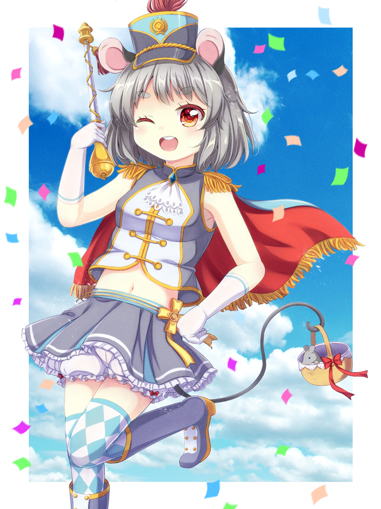 1girl ;d alternate_costume animal_ears argyle argyle_legwear arm_up armpit_peek band_uniform bare_arms bare_shoulders basket baton bloomers blue_footwear blue_sky boots cape clouds confetti day elbow_gloves epaulettes eyebrows_visible_through_hair foot_out_of_frame fringe gloves grey_hair grey_skirt hand_on_hip hat knee_boots leaning_over looking_at_viewer majorette midriff miniskirt mouse mouse_ears mouse_tail navel nazrin one_eye_closed open_mouth outdoors over-kneehighs pleated_skirt red_cape red_eyes sapphire_(stone) shako_cap short_hair skirt sky sleeveless smile solo standing standing_on_one_leg tail thick_eyebrows thigh-highs tomo_takino touhou underwear upper_teeth white_gloves