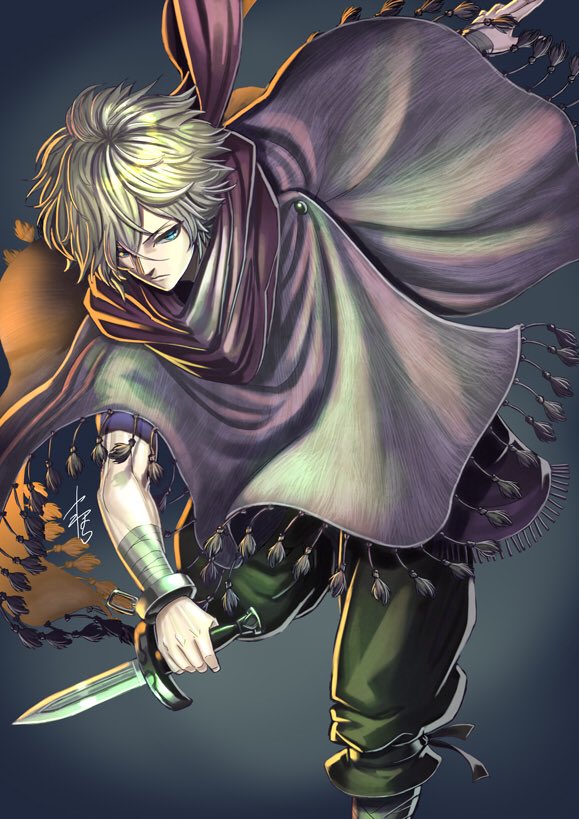 1boy bandage cape grey_eyes male_focus octopath_traveler short_hair solo therion_(octopath_traveler) thief weapon white_hair yamahara