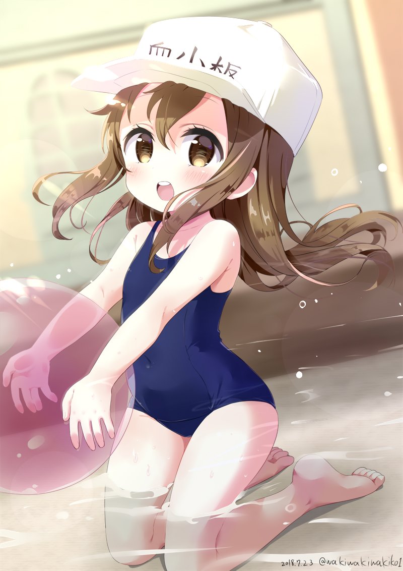 1girl ball bangs bare_arms bare_legs bare_shoulders barefoot beachball blue_swimsuit blush brown_eyes brown_hair character_name clothes_writing commentary_request covered_navel dated eyebrows_visible_through_hair flat_cap hair_between_eyes hat hataraku_saibou holding holding_ball kneeling long_hair looking_at_viewer neki_(wakiko) old_school_swimsuit one-piece_swimsuit open_mouth platelet_(hataraku_saibou) round_teeth school_swimsuit solo swimsuit teeth transparent twitter_username upper_teeth very_long_hair water white_hat