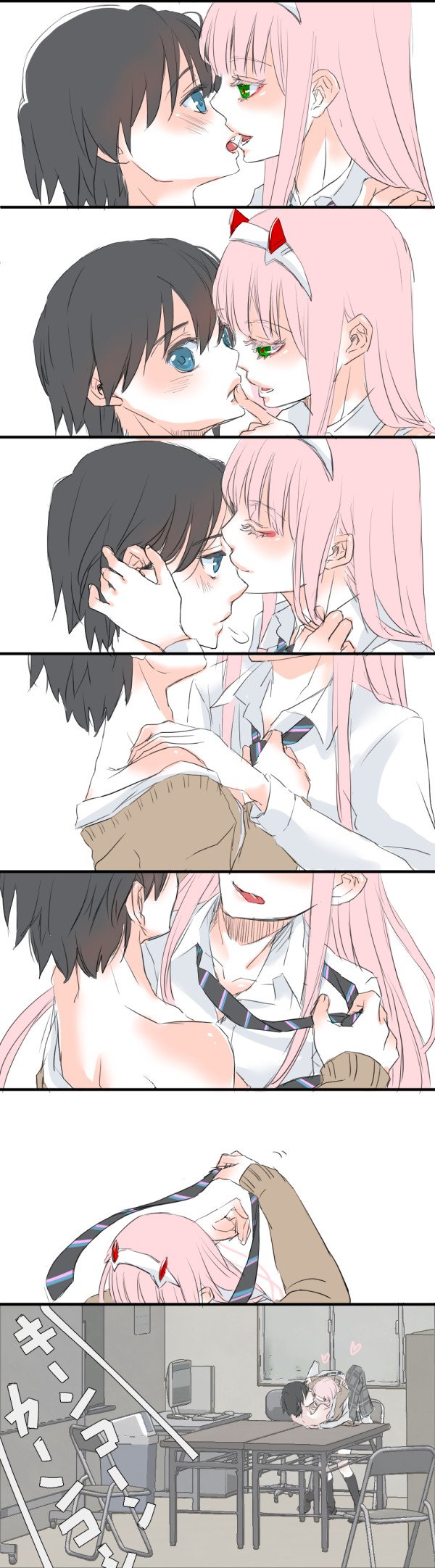 1boy 1girl bangs black_hair blue_eyes collared_shirt comic commentary_request couple darling_in_the_franxx eyebrows_visible_through_hair face-to-face facing_another finger_to_mouth forehead-to-forehead green_eyes hair_ornament hairband hand_on_another's_face hand_on_another's_shoulder hetero highres hiro_(darling_in_the_franxx) horns long_hair looking_at_another necktie oni_horns pink_hair red_horns sakuragouti school_uniform shirt short_hair speech_bubble striped striped_neckwear translated white_hairband white_shirt wing_collar zero_two_(darling_in_the_franxx)