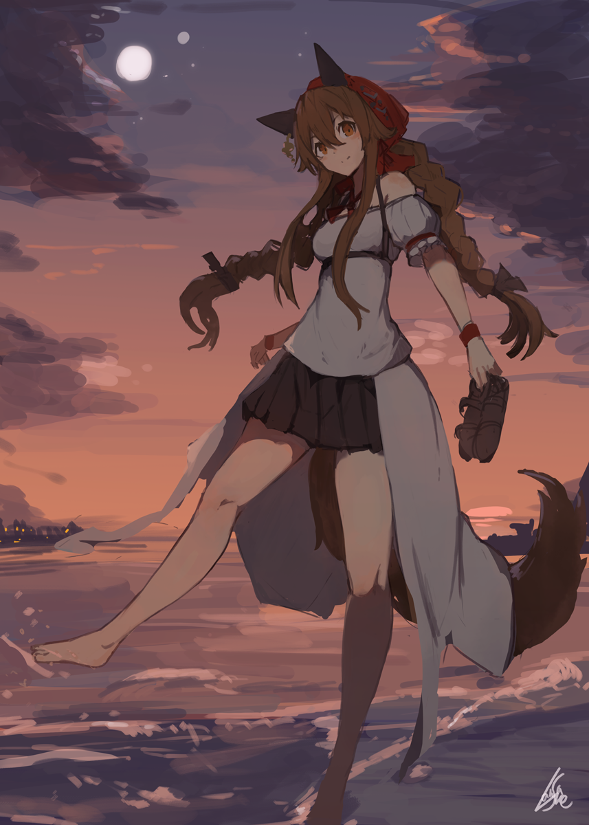 1girl animal_ears bare_shoulders barefoot black_bow black_skirt bow braid brown_eyes brown_hair closed_mouth hair_bow head_scarf highres holding lansane long_hair looking_at_viewer ocean original pleated_skirt puffy_short_sleeves puffy_sleeves sandals sandals_removed short_sleeves skirt smile solo standing standing_on_one_leg tail tsana_(lansane) twin_braids wading waist_cape waves wolf_ears wolf_tail