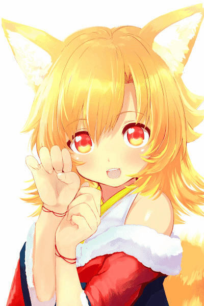 1girl animal_ears bare_shoulders blonde_hair blush fox_ears fox_tail futaba_akane gif heart japanese_clothes long_hair looking_at_viewer naomi_(sekai_no_hate_no_kissaten) open_mouth original paw_pose red_eyes smile solo tail