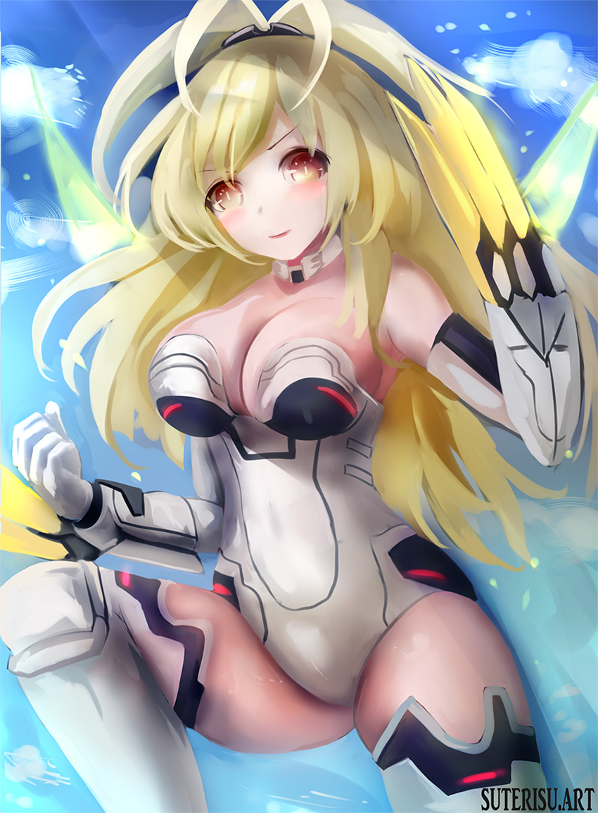 1girl bare_shoulders blonde_hair blush breasts claws cleavage collar elbow_gloves eyebrows_visible_through_hair gloves kami_jigen_game_neptune_v large_breasts leotard long_hair neptune_(series) orange_eyes power_symbol solo suterisu symbol-shaped_pupils thigh-highs yellow_heart