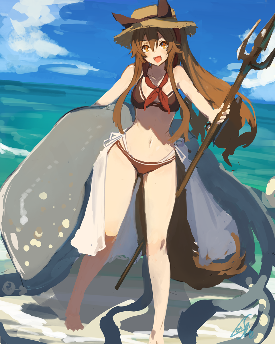 1girl animal_ears beach bikini blue_sky breasts brown_eyes brown_hair clouds commentary day hat highres lansane long_hair medium_breasts navel ocean original painterly polearm sarong sky smile solo straw_hat swimsuit tail trident tsana_(lansane) very_long_hair water weapon wolf_ears wolf_tail