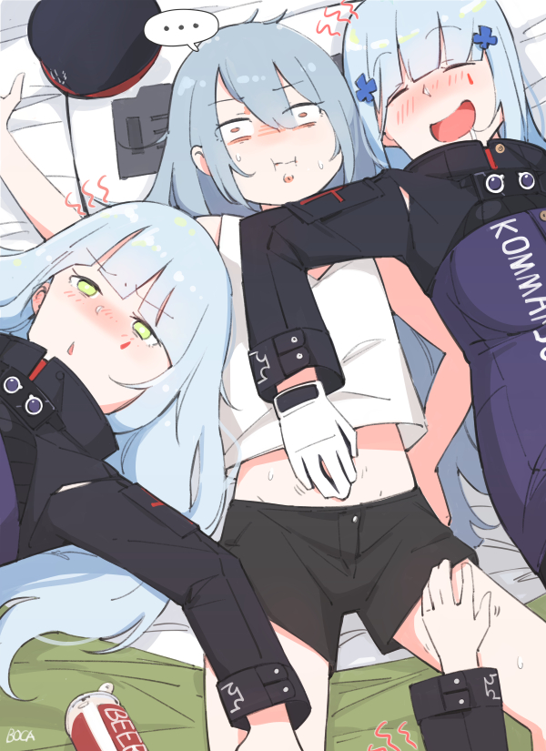... 3girls artist_name beer_can blue_hair blush boca can clone commentary dilated_pupils drunk facepaint g11_(girls_frontline) girls_frontline gloves green_eyes grey_hair hair_ornament hairclip hk416_(girls_frontline) long_hair long_sleeves lying_on_bed multiple_girls nose_blush open_mouth saliva shorts sleeping spoken_ellipsis triangle_mouth white_gloves