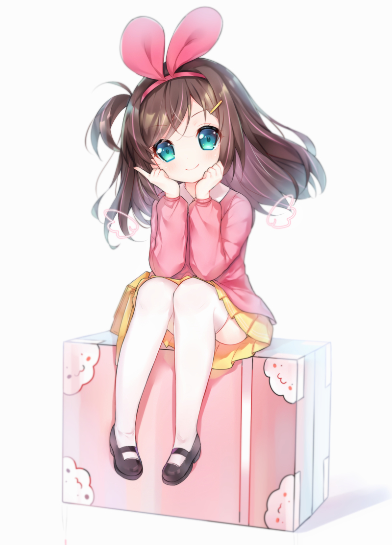 1girl a.i._channel black_footwear brown_hair closed_mouth collared_shirt commentary_request detached_wings green_eyes hair_ornament hair_ribbon hairband hairclip head_tilt index_finger_raised kindergarten_uniform kizuna_ai long_hair long_sleeves looking_at_viewer mary_janes mini_wings multicolored_hair pigeon-toed pink_hair pink_hairband pink_ribbon pink_shirt pleated_skirt puffy_long_sleeves puffy_sleeves ribbon shirt shoes simple_background sitting skirt smile solo streaked_hair tengxiang_lingnai thigh-highs virtual_youtuber white_background white_legwear wings yellow_skirt younger