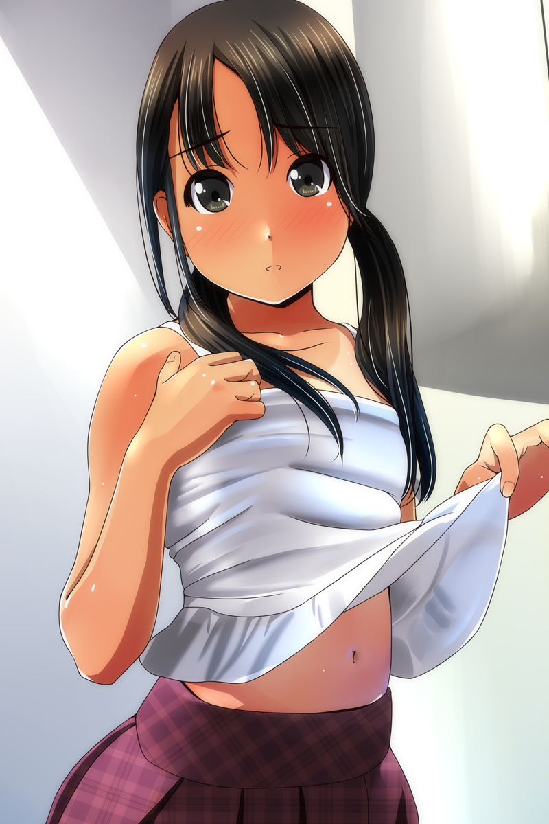1girl bangs bare_arms bare_shoulders black_eyes black_hair blush brown_skirt camisole camisole_lift commentary_request eyebrows_visible_through_hair highres lifted_by_self long_hair looking_at_viewer matsunaga_kouyou navel original parted_lips plaid plaid_skirt pleated_skirt skirt solo twintails white_camisole