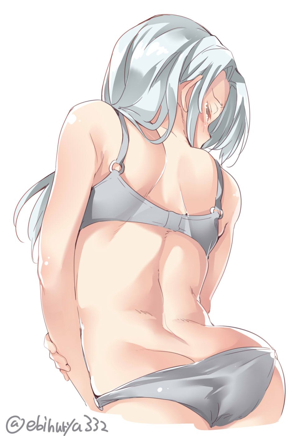 1girl ass blush bra closed_eyes closed_mouth ebifurya grey_bra grey_panties highres kantai_collection long_hair panties sagiri_(kantai_collection) silver_hair simple_background solo twitter_username underwear undressing white_background