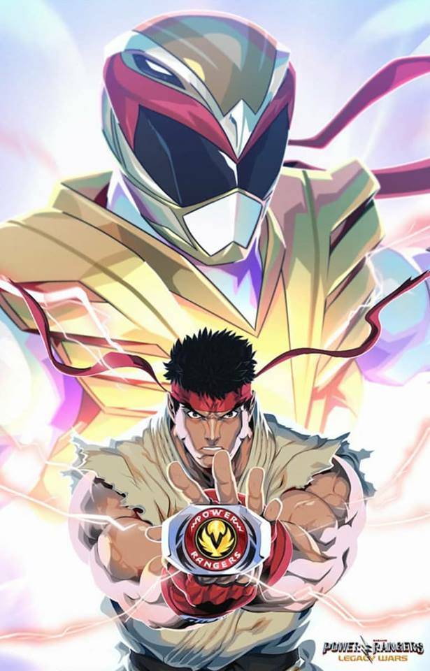 armor background background_lightning black_eyes black_hair commentary crossover dougi english_commentary gold_armor headband helmet jeffrey_cruz muscle official_art power_rangers ryu_ranger ryuu_(street_fighter) street_fighter