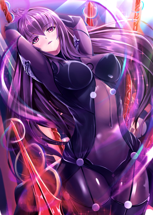 1girl bangs blush bodysuit chestnut_mouth cowboy_shot fate/grand_order fate_(series) gae_bolg hair_between_eyes impossible_bodysuit impossible_clothes long_hair looking_at_viewer polearm purple_bodysuit purple_hair scathach_(fate/grand_order) shirakawa_(pixiv21273343) solo spear violet_eyes weapon