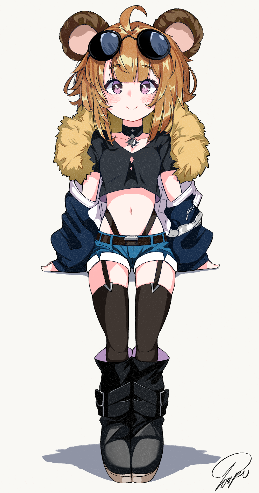 1girl ahoge animal_ears bear_ears black_legwear blush boots choker commentary eyebrows_visible_through_hair eyewear_on_head fur-trimmed_jacket fur_trim garter_straps girls_frontline grizzly_mkv_(girls_frontline) highres jacket looking_at_viewer navel off_shoulder orange_hair short_hair shorts signature simple_background sitting smile solo stomach sunglasses thigh-highs tosyeo violet_eyes