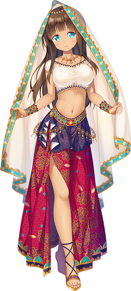 1girl amber_(oshiro_project) artist_request bare_shoulders blue_eyes breasts brown_hair dark_skin eyebrows_visible_through_hair full_body indian_clothes jewelry large_breasts long_hair looking_at_viewer midriff navel necklace oshiro_project oshiro_project_re sandals smile solo transparent_background