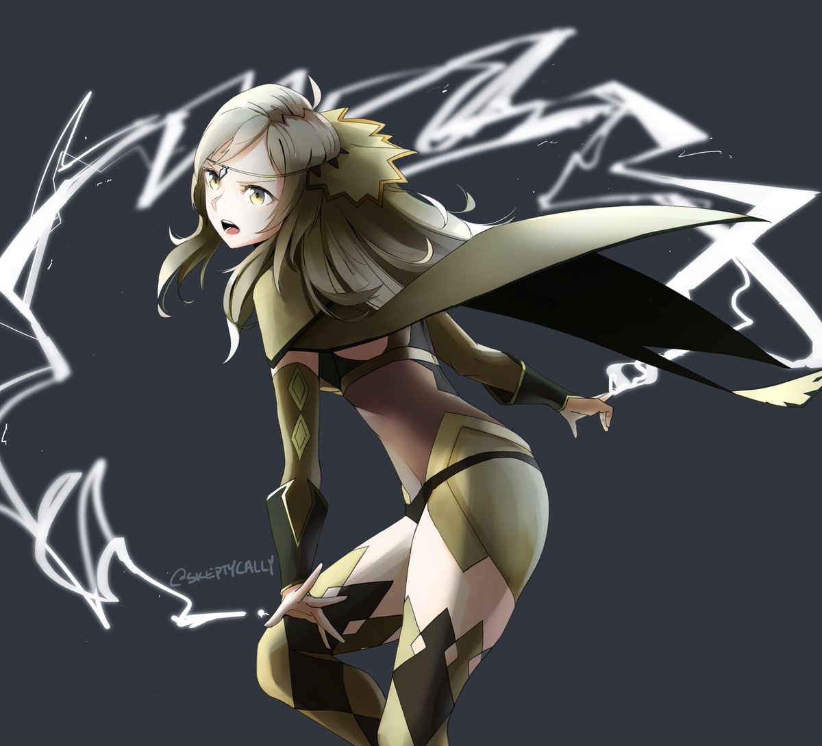 ahoge bangs black_background blonde_hair bodysuit cape cowboy_shot elbow_gloves electricity fire_emblem fire_emblem_if gloves green_gloves hairband leotard long_hair magic open_mouth ophelia_(fire_emblem_if) parted_bangs simple_background sketchy thigh-highs thighs twitter_username yellow_eyes