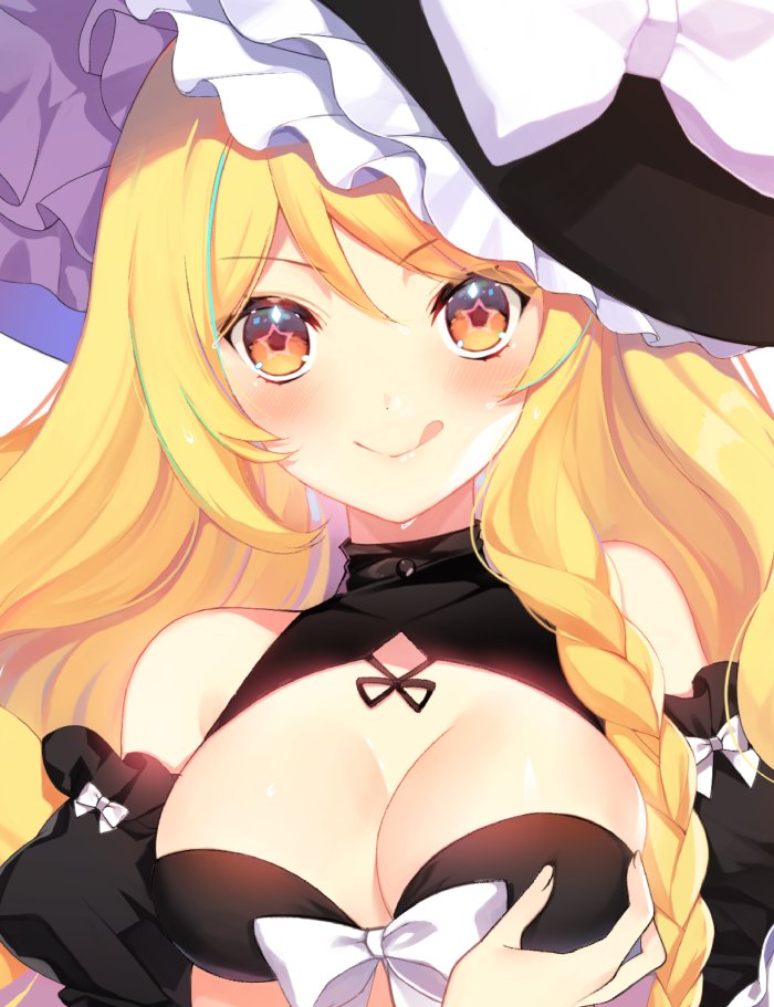 +_+ 1girl :&gt; adapted_costume bare_shoulders black_hat blonde_hair blush bow braid breast_grab breasts cleavage cleavage_cutout commentary_request detached_sleeves eyebrows_visible_through_hair eyelashes grabbing hat hat_bow kirisame_marisa large_breasts long_hair looking_at_viewer orange_eyes pov pov_hands puffy_short_sleeves puffy_sleeves roh_nam_kyung short_sleeves side_braid simple_background single_braid solo_focus tongue tongue_out touhou upper_body white_background white_bow witch_hat