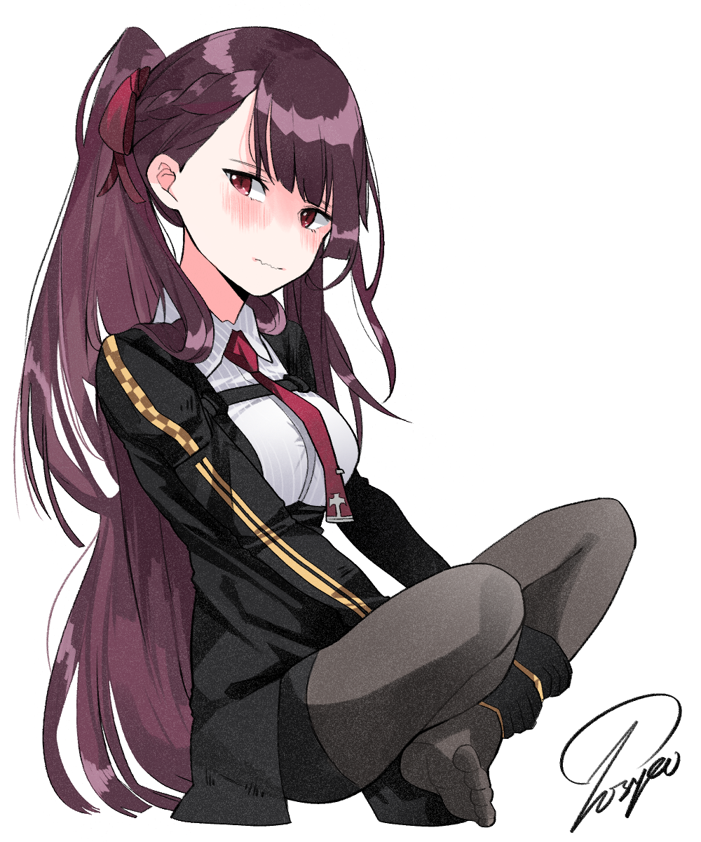 1girl black_legwear blush braid commentary french_braid girls_frontline highres indian_style jacket long_hair long_sleeves looking_at_viewer necktie pantyhose ponytail red_eyes simple_background sitting solo tosyeo wa2000_(girls_frontline) wavy_mouth white_background