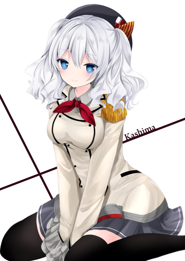 1girl bangs beret between_legs black_hat black_legwear blue_eyes blush character_name closed_mouth collared_shirt epaulettes eyebrows_visible_through_hair grey_jacket grey_shirt grey_skirt hair_between_eyes hand_between_legs hat jacket kantai_collection kashima_(kantai_collection) long_sleeves military_jacket nanase_nao neckerchief pleated_skirt red_neckwear shirt silver_hair sitting skirt sleeves_past_fingers sleeves_past_wrists smile solo thigh-highs wariza wavy_hair wide_sleeves