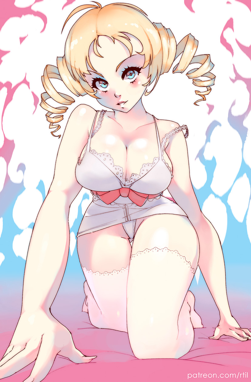 1girl all_fours blonde_hair blue_eyes breasts catherine catherine_(game) cleavage collarbone commentary dress drill_hair english_commentary gluteal_fold head_tilt highres large_breasts long_hair looking_at_viewer panties parted_lips revision rtil smile solo strap_slip thigh-highs thigh_gap underwear v-shaped_eyebrows white_dress white_legwear white_panties