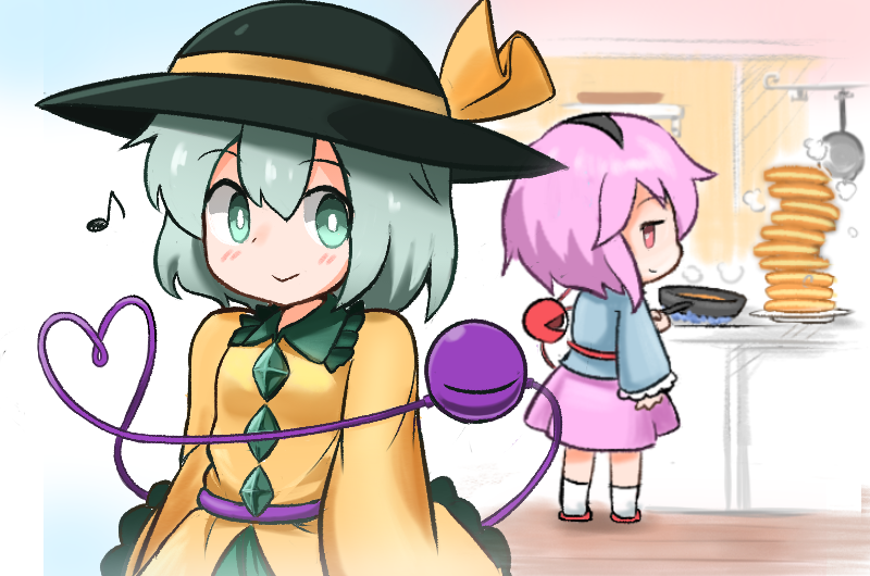 2girls :&gt; arm_at_side arms_at_sides black_hairband black_hat blouse blue_blouse buttons chibi closed_mouth cooking eighth_note eye_contact eyeball eyebrows_visible_through_hair food frills frying_pan green_eyes green_hair hair_ornament hairband hand_up hat hat_ribbon heart heart_of_string holding indoors kitchen komeiji_koishi komeiji_satori long_sleeves looking_at_another looking_back mifuji_324 multiple_girls musical_note pancake pink_eyes pink_hair plate ribbon short_hair siblings sisters skirt smile socks standing steam tareme third_eye touhou white_pupils yellow_blouse yellow_ribbon