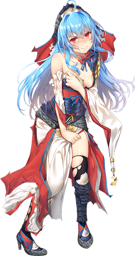 1girl ahoge bare_shoulders black_legwear blue_hair blush breasts cleavage dress full_body high_heels koga_(oshiro_project) long_hair looking_at_viewer official_art oshiro_project oshiro_project_re red_eyes small_breasts solo standing torn_clothes transparent_background yappen