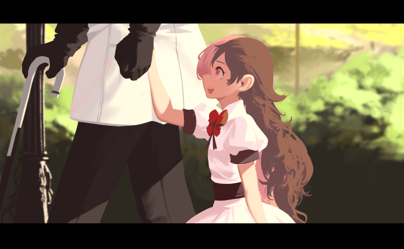 1boy 1girl bow brown_hair bush cane dishwasher1910 dress gloves happy lamppost multicolored_hair neo_(rwby) pink_hair red_bow roman_torchwick rwby two-tone_hair white_dress younger