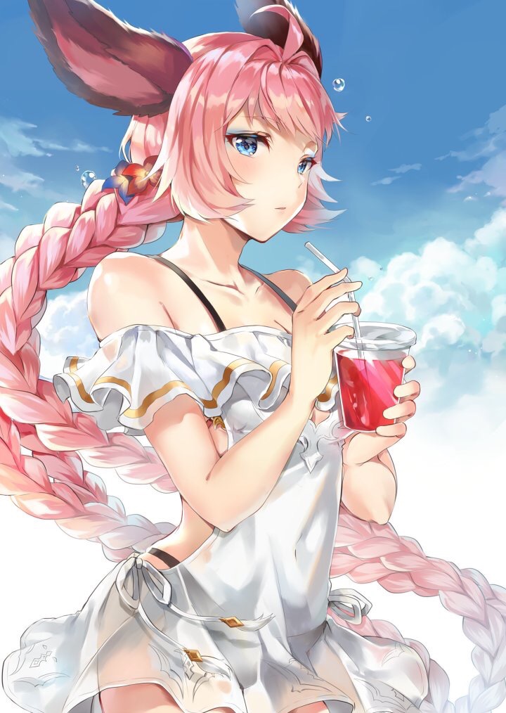 1girl ahoge animal_ears bangs bare_shoulders bikini blue_eyes blue_sky blush braid braided_ponytail breasts bubble clouds collarbone drink drinking_straw esser eyebrows_visible_through_hair flower granblue_fantasy hair_flower hair_ornament hinahino pink_hair sky solo swimsuit swimsuit_under_clothes