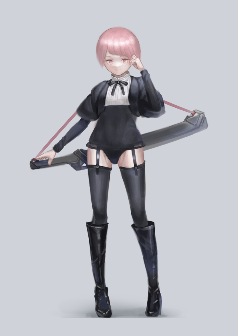 .kitsuna 1girl black_footwear black_neckwear black_panties black_ribbon boots closed_mouth commentary_request full_body garter_straps grey_background hand_up juliet_sleeves knee_boots long_sleeves looking_at_viewer neck_ribbon original panties pink_eyes pink_hair puffy_sleeves ribbon short_hair simple_background smile solo sword thigh-highs underwear weapon weapon_on_back