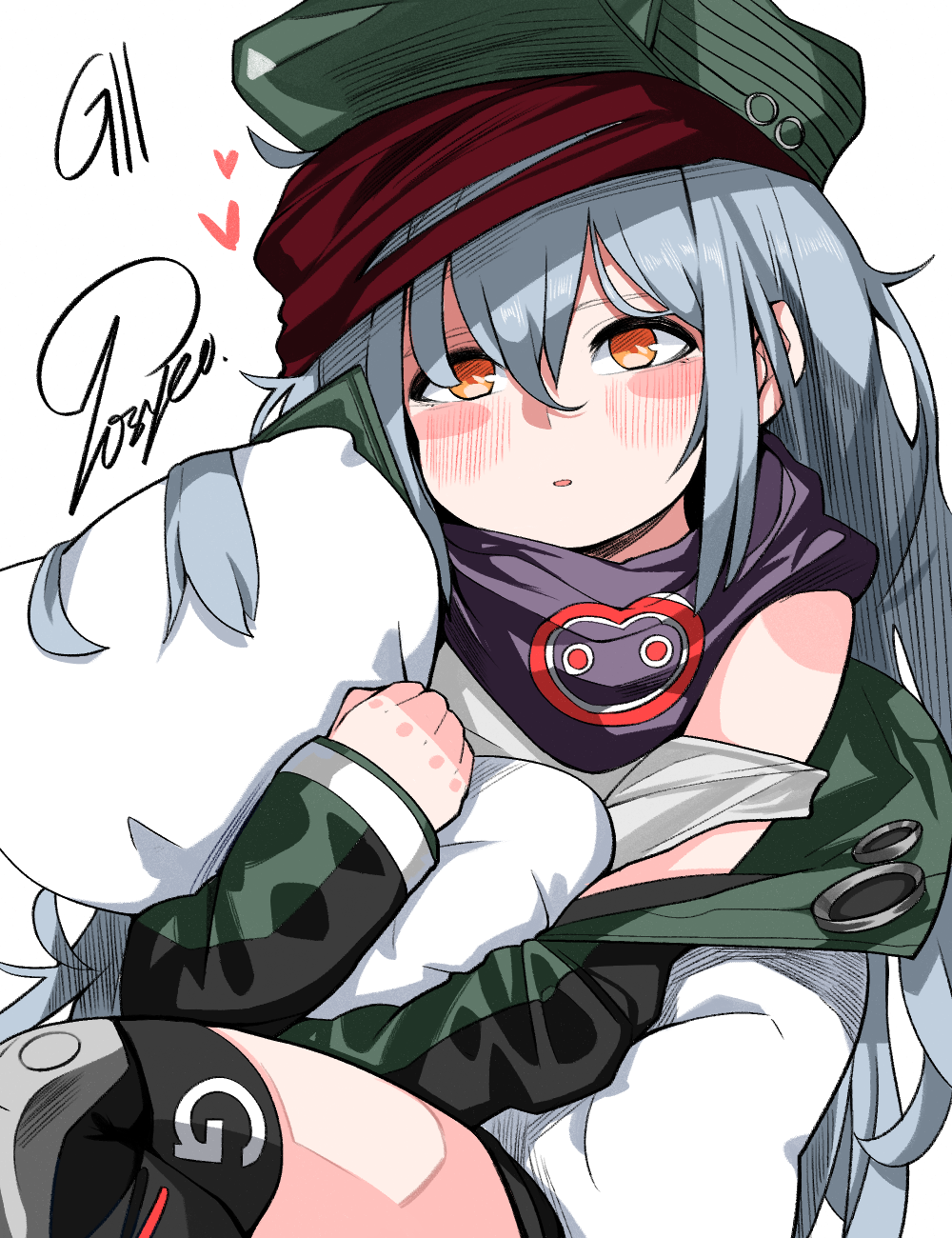 1girl blush commentary g11_(girls_frontline) girls_frontline grey_hair hat heart highres jacket long_hair long_sleeves orange_eyes parted_lips pillow pillow_hug simple_background solo tosyeo white_background