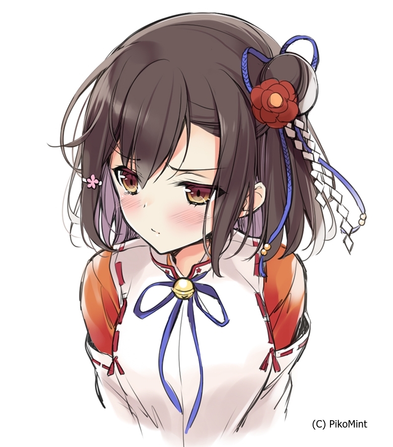 1girl artist_name bangs blue_ribbon blush breasts brown_eyes brown_hair closed_mouth detached_sleeves eyebrows_visible_through_hair flower hair_between_eyes hair_bun hair_flower hair_ornament hair_ribbon hairclip japanese_clothes looking_away looking_to_the_side medium_breasts miko original pikomint red_flower ribbon ribbon-trimmed_sleeves ribbon_trim shide side_bun simple_background solo white_background