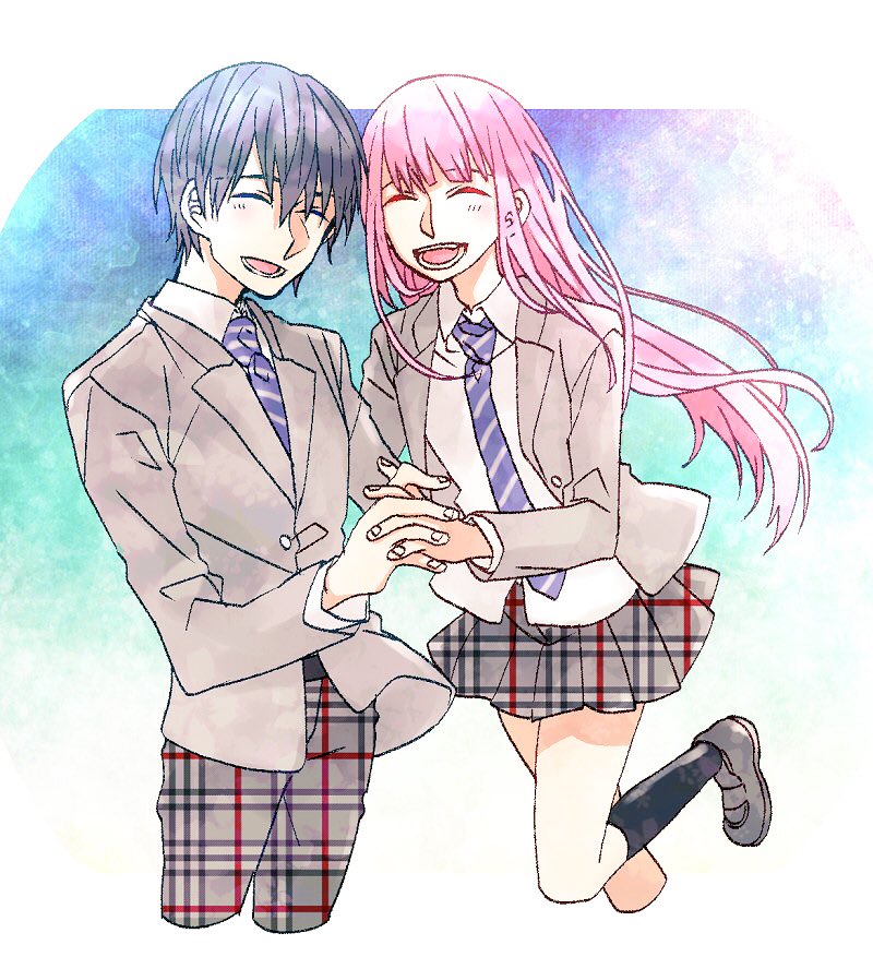 1boy 1girl black_footwear black_hair black_legwear blazer blush closed_eyes collared_shirt commentary_request couple darling_in_the_franxx grey_blazer hand_holding hetero hiro_(darling_in_the_franxx) interlocked_fingers jacket leg_up long_hair necktie open_blazer open_clothes open_jacket open_mouth pants pink_hair sayaendou0103 school_uniform shirt shoes short_hair skirt socks striped_neckwear white_shirt wing_collar zero_two_(darling_in_the_franxx)