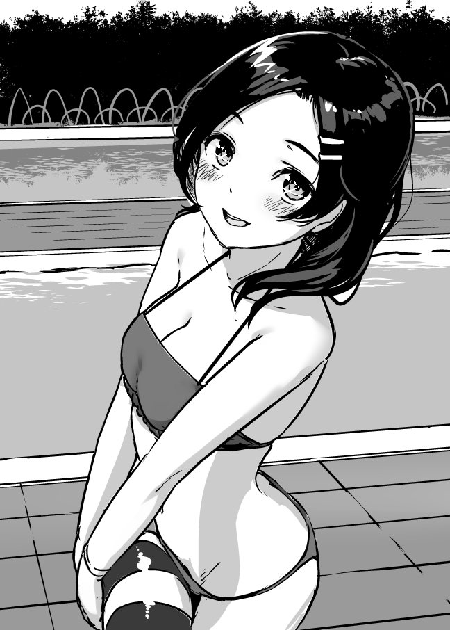 1girl :d blush breasts commentary_request greyscale hair_ornament hairclip kantai_collection kuroshio_(kantai_collection) looking_at_viewer monochrome open_mouth poolside satsuki_neko short_hair small_breasts smile solo swimsuit